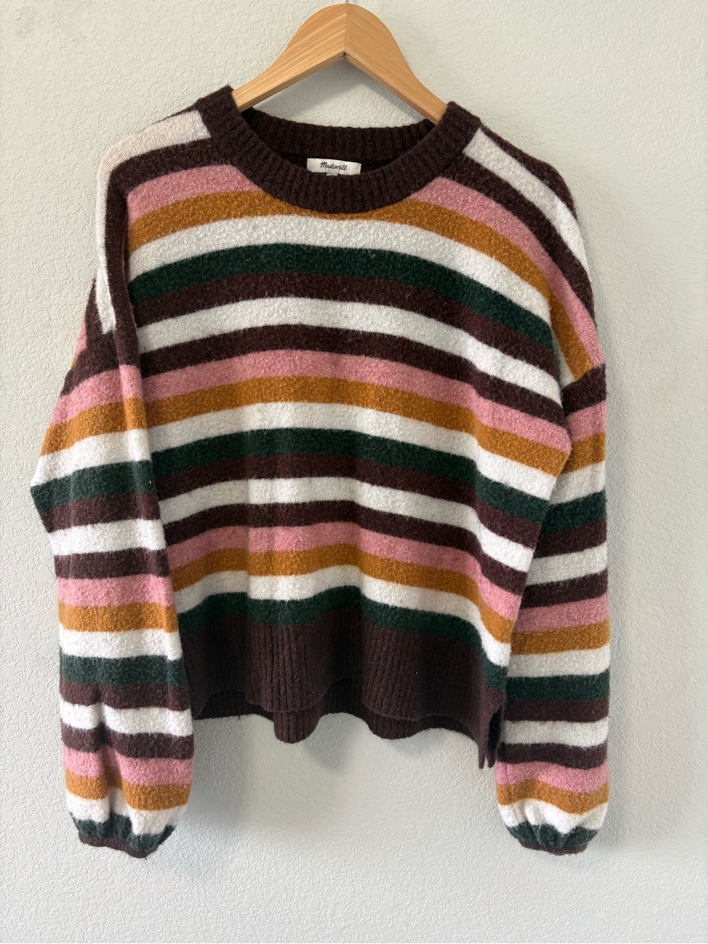 Madewell Striped Fuzzy Sweater Large Pink Brown Green Oversized Cozy Pullover